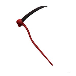 Könnte beinhalten: Eine rot-schwarze Sense mit einer gebogenen schwarzen Klinge. Der Griff ist rot und hat ein gebogenes Design. Die Sense ist ein Werkzeug zur Ernte von Feldfrüchten oder als Waffe.