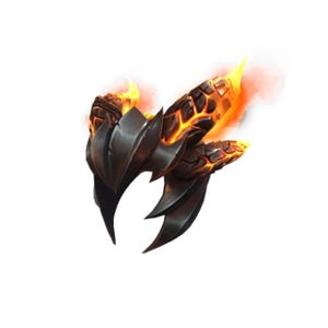 May include: A dark grey headpiece featuring sharp, curved metallic plates and two prominent horn-like structures. The horns have a textured, cracked surface with glowing orange and yellow light emanating from the fissures, resembling molten lava.