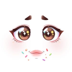 May include: A digital illustration of a cartoon face with large brown eyes, star-shaped highlights, and a small, smiling mouth. The face has pink cheeks, dark eyebrows, and colorful sprinkles around the mouth.