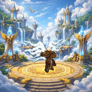 May include: A digital fantasy illustration shows a warrior in detailed armour on a circular platform. The platform is surrounded by a castle with waterfalls, towers, and statues with angel wings. The sky is blue with clouds and birds.