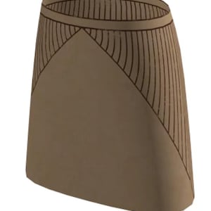 May include: A brown skirt with a geometric pattern of vertical and diagonal lines. The skirt is made of a textured fabric.