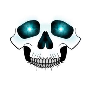 May include: A white skull with glowing blue eyes. The skull is drawn in a cartoon style and has a toothy grin.
