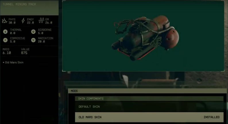 May include: A green and brown gaming item called a "Tunnel Mining Frok" with a value of 875. The item has a "Old Mars Skin" installed. The item has a green background and is displayed on a screen.