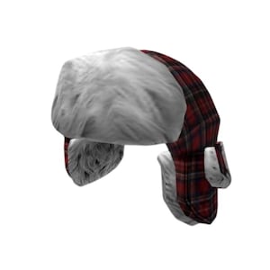 Könnte beinhalten: Ein Winterhut mit einem rot-schwarz karierten Muster und weißem Kunstfellbesatz. Der Hut hat Ohrenklappen und eine abgerundete Oberseite, die Wärme und Stil bietet. Ideal für kaltes Wetter.