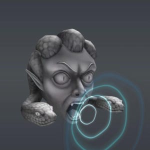 May include: A gray sculpture of Medusa's head with snakes for hair and two snakes emerging from the sides of her head. The sculpture has an open mouth and is surrounded by blue concentric circles.