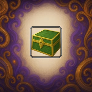 May include: A green and gold treasure chest with a keyhole, set against a decorative background of purple and gold swirls. The chest is rectangular with a diamond-shaped keyhole cover. The image has a fantasy or game theme.