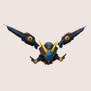 May include: A black and gold spaceship with a blue diamond in the center. The spaceship has two wings that are pointed outwards.