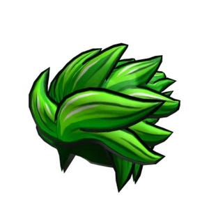 Könnte beinhalten: Grünes Cartoon-Haar mit weißen Highlights. Das Haar ist in einer stacheligen, unordentlichen Art und Weise gestylt.