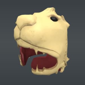 Könnte beinhalten: Eine cremefarbene Löwenmaske mit detailliertem Design. Die Maske hat einen weit geöffneten Mund mit roter Innenseite und scharfen Zähnen sowie schwarze Augen. Das Gesamtdesign ist eine realistische Darstellung eines Löwenkopfes.