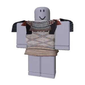 Könnte beinhalten: Ein gemustertes Kleidungsstück mit detailliertem Design. Der obere Teil hat eine schwarze Basis mit Stickereien und Quasten. Der untere Teil zeigt einen cremefarbenen Stoff mit geometrischem Muster und horizontalen Streifen. Das Kleidungsstück wird auf einer grauen Schaufensterpuppe gezeigt.