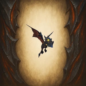May include: A small, stylized dragon with dark blue and red wings, yellow eyes, and a single horn. The dragon is set against a parchment-like background, framed by a dark, jagged border with fiery orange accents. The overall theme suggests fantasy or gaming.