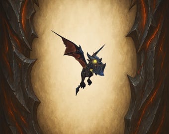 May include: A small, stylized dragon with dark blue and red wings, yellow eyes, and a single horn. The dragon is set against a parchment-like background, framed by a dark, jagged border with fiery orange accents. The overall theme suggests fantasy or gaming.