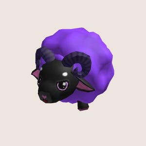 May include: A whimsical, cartoon-style sheep with a black face, horns, and legs. The sheep has a fluffy purple body and pink accents around the ears and nose. The eyes are large and pink with white highlights. The sheep is set against a neutral background.