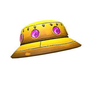Pode incluir: Um chapéu de balde amarelo e castanho com uma aba larga. O chapéu apresenta uma série de pequenos pregos escuros e três grandes pedras preciosas roxas ovais. O chapéu é um design brilhante e caricatural.