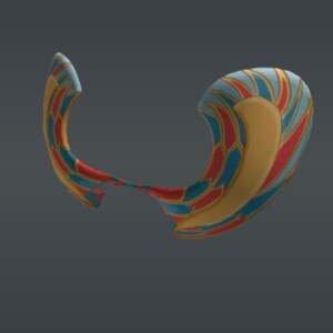 Könnte beinhalten: Ein Paar goldene, rote und blaue Flügel mit einem geometrischen Muster. Die Flügel sind gebogen und haben einen 3D-Effekt.