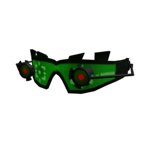 Könnte beinhalten: Futuristisch anmutende grüne und schwarze Brille mit roten kreisförmigen Akzenten. Die Gläser verfügen über eine digitale Anzeige und ein schlankes, kantiges Design. Das Design deutet auf ein Science-Fiction- oder Tech-Thema hin.