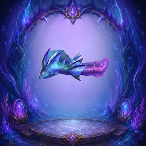 May include: A fantasy sea creature with iridescent blue and purple scales, prominent dorsal fins, and a long, segmented tail. The creature features sharp, angular head structures and glowing pink eyes, presented against a dark, ornate archway.