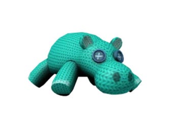 May include: A teal knitted hippo plush toy with button eyes and small ears. The toy has a textured appearance and is lying down. The button eyes are blue with white cross details. The hippo's legs are short and stubby.