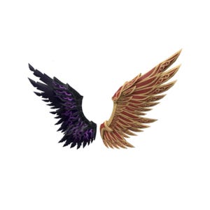 May include: A pair of decorative wings featuring two distinct designs. The left wing is black with purple flame-like patterns, while the right wing is red with gold filigree detailing. Both wings have a layered, feathered structure.