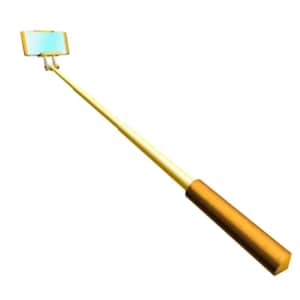 Peut inclure: Une perche à selfie dorée avec un support de téléphone rectangulaire. La perche s'étend d'une poignée marron et est inclinée en diagonale. Le support de téléphone est de couleur bleu clair.