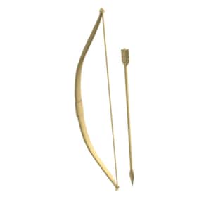 Könnte beinhalten: Ein hellbraunes Holzbogen- und Pfeilset. Der Bogen ist gebogen und hat eine Sehne, und der Pfeil hat eine gefiederte Befiederung. Das Set ist für Bogenschießen und Zielübungen konzipiert.