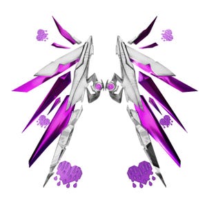 May include: A symmetrical, digital illustration of stylized wings in shades of silver, white, and vibrant purple. The wings feature sharp, geometric shapes and are accented with small, purple heart-shaped designs.