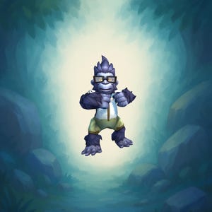 May include: A cartoon illustration of a gorilla wearing glasses, a white shirt, and khaki shorts. The gorilla has dark blue fur and is standing in a forest setting with a light source behind it. The gorilla is making a fist.