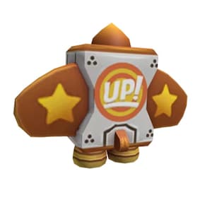Könnte beinhalten: Ein cartoonartiger, orange-grauer Raketenrucksack mit dem Wort "UP!" in einem Kreis. Der Raketenrucksack hat zwei Flügel mit gelben Sternen und zwei orangefarbenen Füßen. Die Oberseite der Rakete ist orange.
