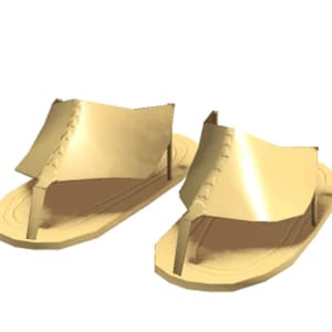 Könnte beinhalten: Ein Paar goldfarbene Sandalen. Die Sandalen haben ein Zehensteg-Design mit einem Riemen, der zwischen den Zehen verläuft. Der obere Teil der Sandale hat eine große, umgeklappte Klappe. Die Sandalen sind aus glattem Material.