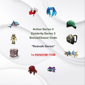 Puede incluir: Una variedad de artículos virtuales, incluyendo un tiburón, un robot, un pastel y accesorios como alas y una mochila. El texto dice "Action Series 5", "Celebrity Series 3" y "1x RANDOM ITEM".