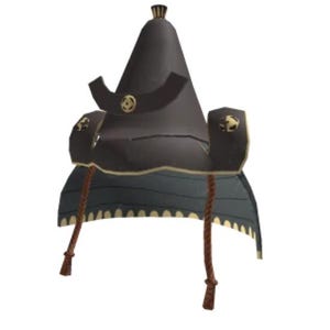 May include: A black samurai helmet with gold accents and brown cords. The helmet has a pointed top and a curved brim.