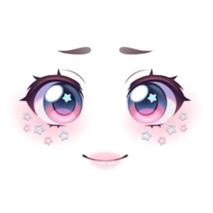 Peut inclure: Illustration numérique d'un visage avec de grands yeux expressifs. Les yeux sont un mélange de bleu et de rose, avec un reflet en forme d'étoile. Des fards à joues roses et des accents en forme d'étoile sont sous les yeux. Les lèvres sont rose clair.