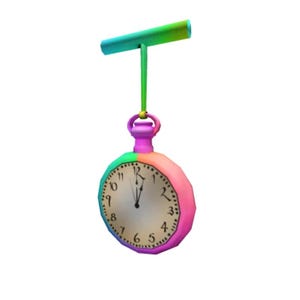 Könnte beinhalten: Eine farbenfrohe Taschenuhr mit Regenbogen-Farbverlauf. Das Zifferblatt hat schwarze Ziffern und Zeiger, die auf Mitternacht zeigen. Sie hängt an einer grünen Schnur und einem regenbogenfarbenen T-förmigen Griff.