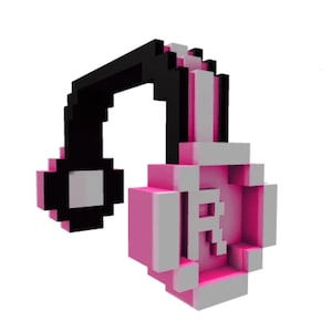Könnte beinhalten: Pixel-Kopfhörer in Schwarz, Pink und Weiß. Der Ohrmuschel zeigt einen großen weißen Buchstaben "R" auf pinkfarbenem Hintergrund. Das Design ist blockartig, im 8-Bit-Stil.