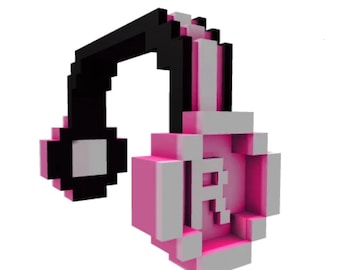 May include: Pixelated headphones in black, pink, and white. The ear cup features a large white letter "R" on a pink background. The headphones are designed with a blocky, 8-bit style.