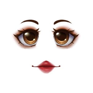 May include: Illustration of a face with large, expressive brown eyes, long eyelashes, and arched eyebrows. Below the eyes is a pair of red lips. The image is a digital illustration with a white background.
