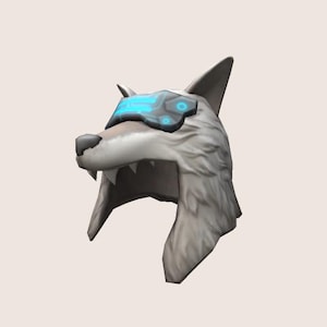 May include: A gray wolf head with a futuristic blue and gray visor. The visor has a digital display with lines and circles.