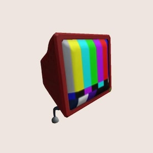 May include: A red vintage television with a static screen showing a colorful test pattern.