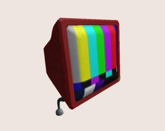 May include: A red vintage television with a static screen showing a colorful test pattern.