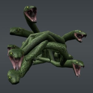 Könnte beinhalten: Eine grüne, mehrköpfige Schlangenskulptur mit offenen Mündern und gelben Augen. Die Skulptur ist aus einem strukturierten Material gefertigt und scheint aus mehreren ineinander verschlungenen Schlangen zu bestehen.