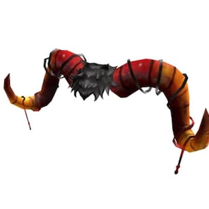 Könnte beinhalten: Ein Paar rote und gelbe Hörner mit schwarzem Fell an der Basis. Die Hörner sind mit schwarzen Bändern umwickelt und haben ein rot-gelbes Streifenmuster.