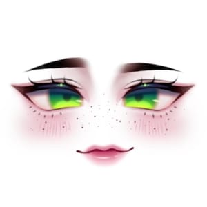Puede incluir: Ilustración digital de un rostro con ojos verde brillante, pestañas oscuras y una boca pequeña y definida. Los ojos tienen un degradado de verde y azul, con un centro amarillo claro. Pecas dispersas en las mejillas y la piel con un rubor rosado suave.