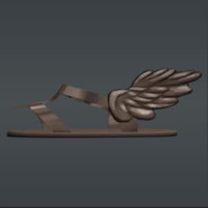 Könnte beinhalten: Ein Paar braune Sandalen mit einem Flügeldesign am Riemen. Die Sandalen haben eine flache Sohle und ein schlichtes Design.