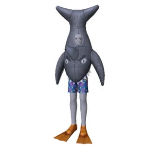 May include: A person wearing a gray shark costume with a face opening, blue and purple patterned swim trunks, and orange flippers. The shark costume has a stern expression and is designed to be worn over the head and shoulders.