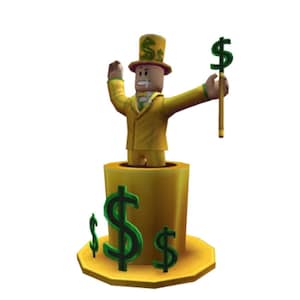 Könnte beinhalten: Eine Cartoonfigur in einem gelben Anzug und Zylinder, die einen Stock mit einem Dollarzeichen hält. Die Figur taucht aus einem goldenen Zylinder auf, der mit grünen Dollarzeichen verziert ist, was auf ein Thema von Reichtum und Finanzen hindeutet.