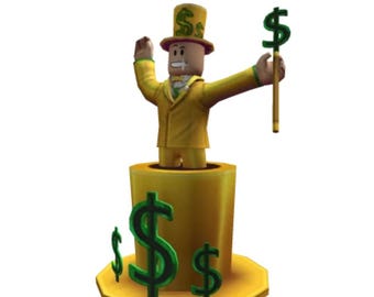May include: A cartoon figure in a yellow suit and top hat, holding a cane with a dollar sign. The figure is emerging from a gold cylinder decorated with green dollar signs, suggesting a theme of wealth and finance.