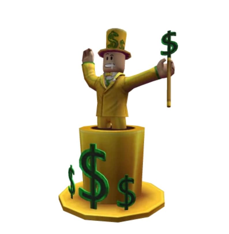 May include: A cartoon figure in a yellow suit and top hat, holding a cane with a dollar sign. The figure is emerging from a gold cylinder decorated with green dollar signs, suggesting a theme of wealth and finance.