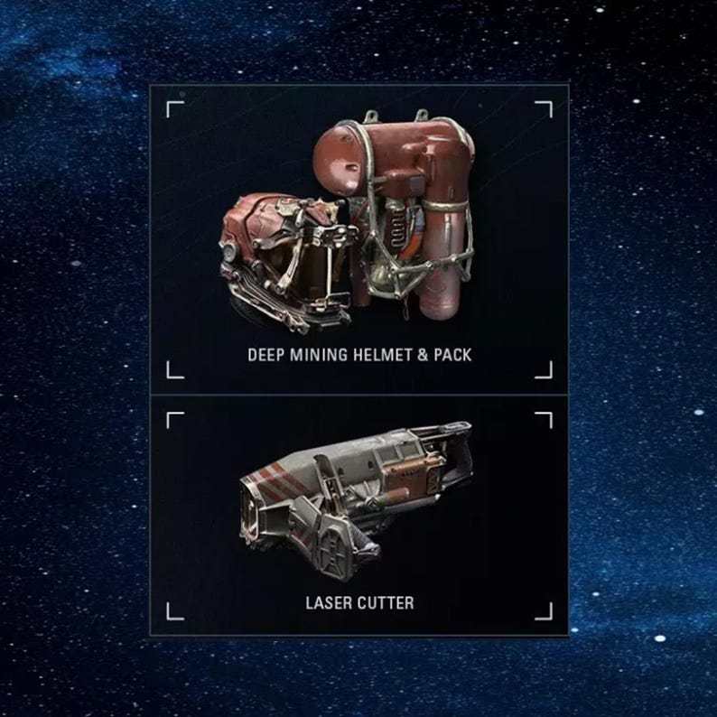 May include: A set of two sci-fi themed items: a deep mining helmet and pack, and a laser cutter. The helmet and pack are brown and gray with a red and white stripe. The laser cutter is gray and brown with a red and white stripe.
