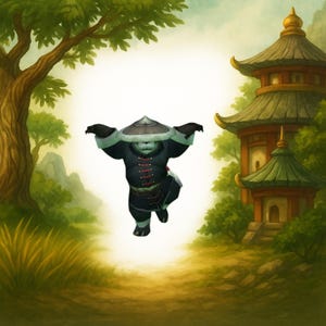 May include: A cartoon panda in a black martial arts uniform with red detailing and a wide-brimmed hat. The panda is in a fighting stance, set against a backdrop of a traditional Asian pagoda and lush green foliage.