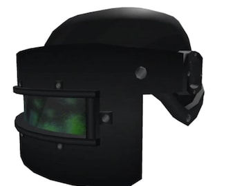 May include: A black helmet with a visor. The visor has a green and blue tinted lens. The helmet has a rounded top and a chin strap. The helmet is made of a hard material.